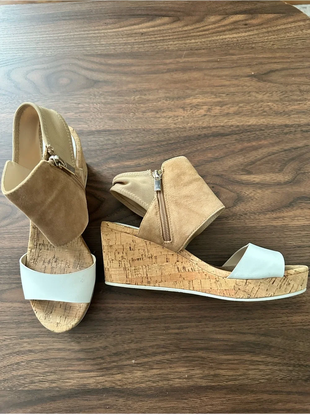 Pelle Moda Tan Suede and White Cork Wedge Heels Size 7